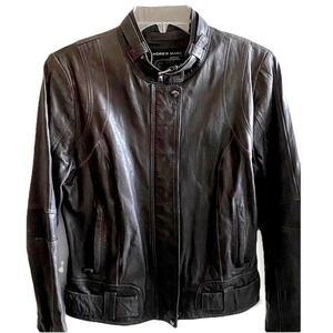 Andrew Marc Leather Moto Jacket Women's Medium Slate Gray Buckle Collar